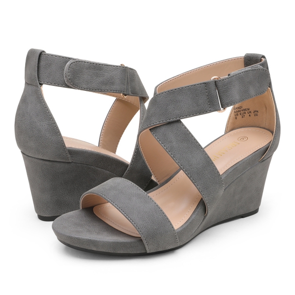 Elastic Ankle Strap Wedge Sandals - GREY NUBUCK - 4